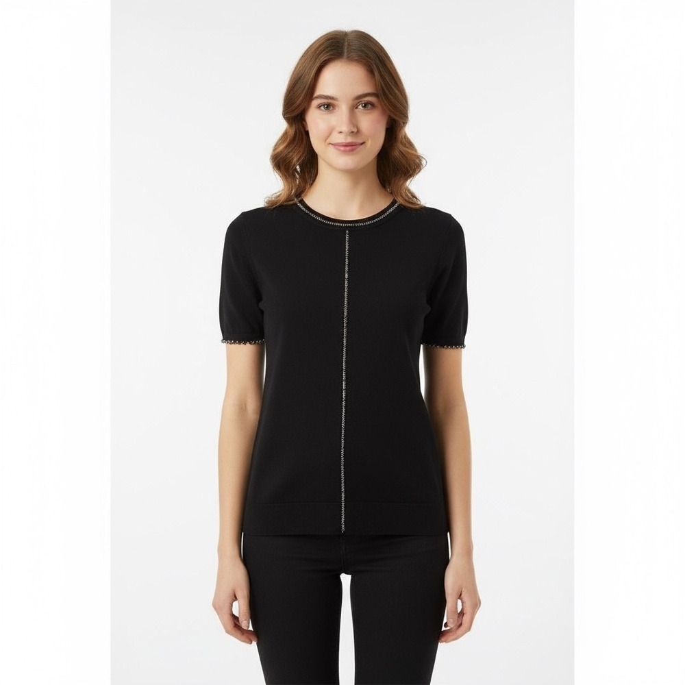 ELIE TAHARI Black Merino Wool Beaded Studded Short Sleeve Sweater Knitwear Small
